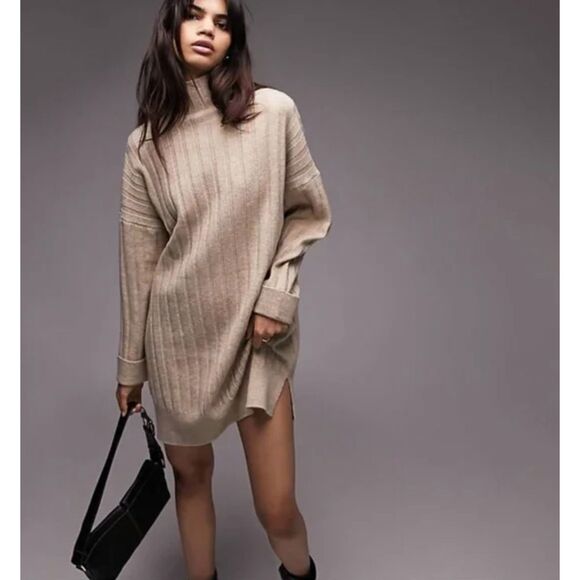TOPSHOP Boxy Ribbed Funnel Neck Dolman Sleeve Sweater Dress, Mushroom, Sz 0-2 - Picture 1 of 15